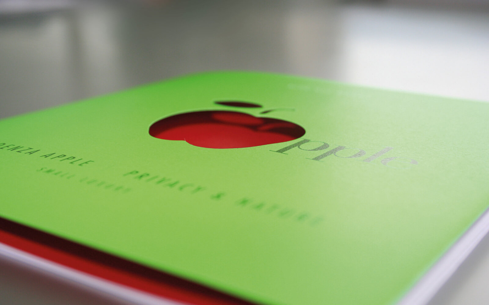 dettaglio progetto grafico della copertina verde fluorescente e fustella per brochure Apple. Progetto grafico dello studio di grafica Diade studio Arco di Trento