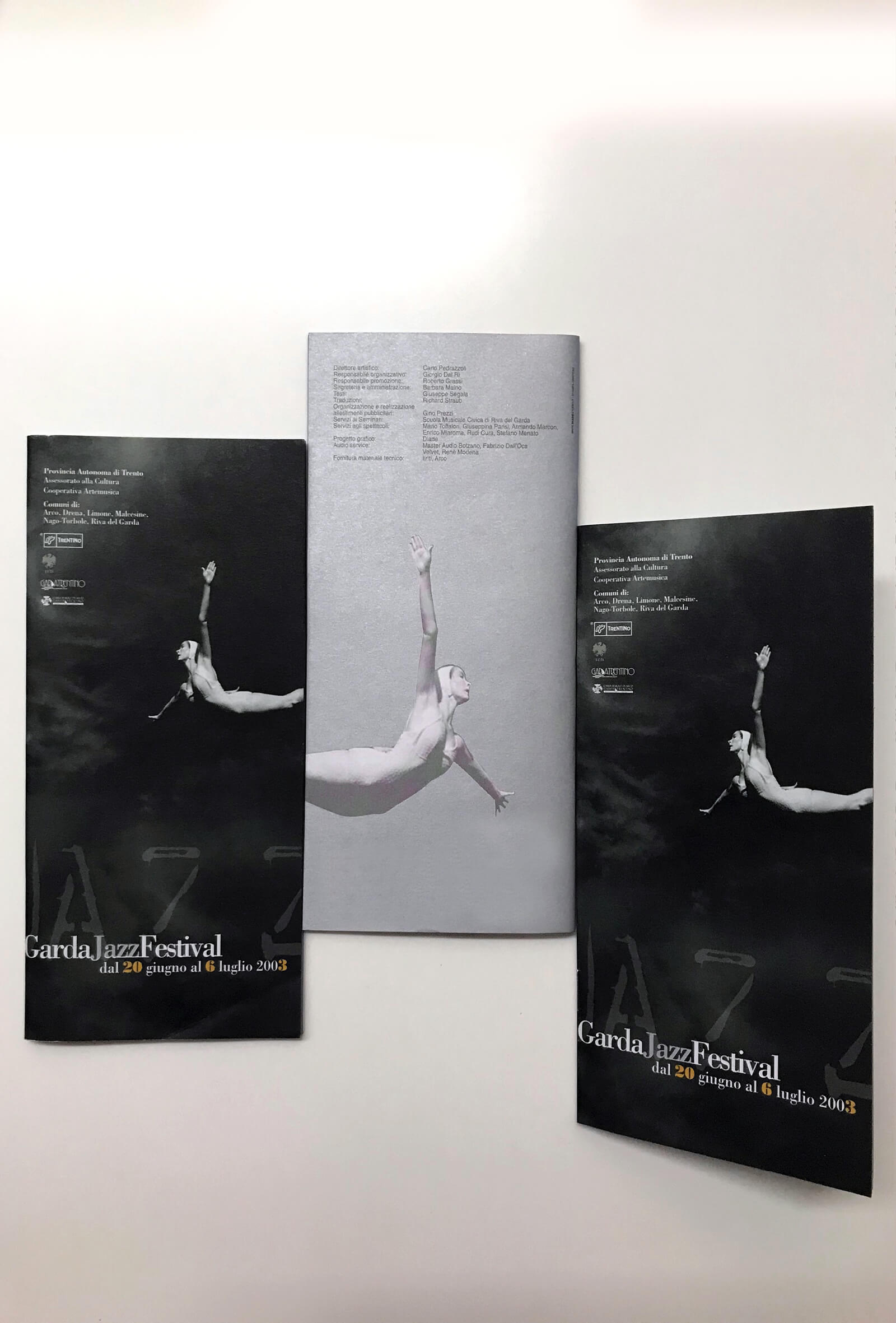 dettaglio di copertina della brochure stampata su carta argento, realizzata per garda jazz festival, e progettata dalla agenzia di comunicazione diade studio arco di trento