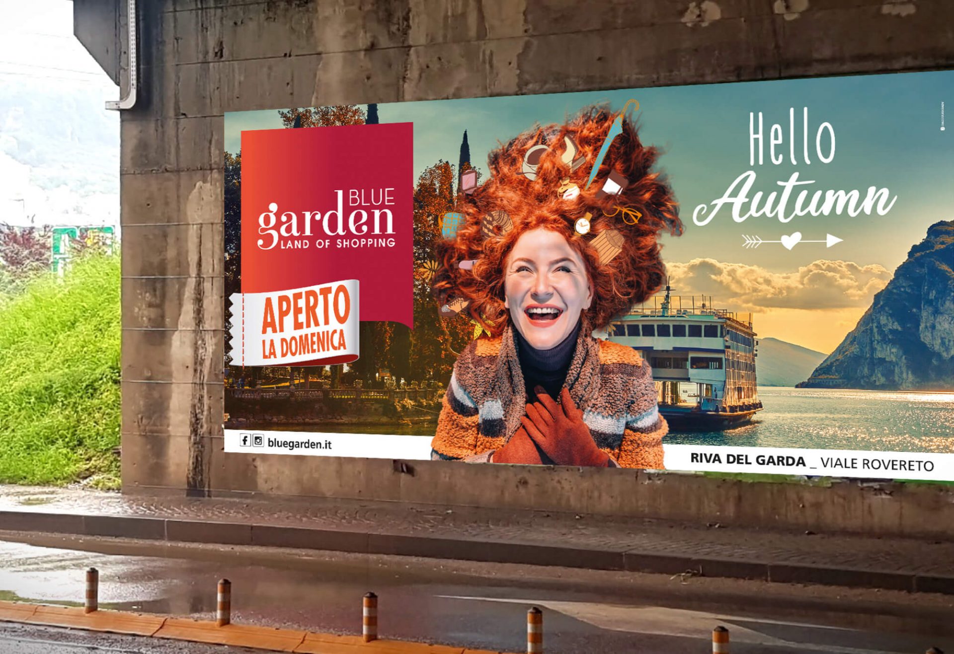 progetto maxi poster stradale per la campagna autunnale del centro commerciale blue garden riva del garda, progettato dalla agenzia di pubblicità diadestudio arco di trento