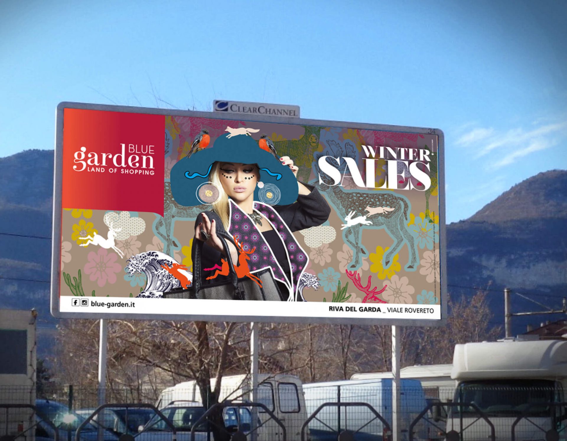 progetto maxiposter stradale per la campagna invernale del centro commerciale blue garden riva del garda, progettato dalla agenzia di comunicazione diadestudio arco di trento