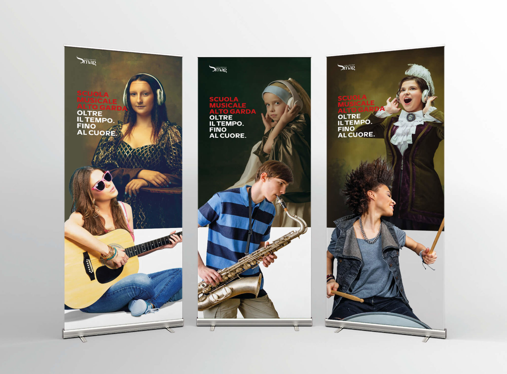 diadestudio, alcuni stand-up realizzati per la campagna iscrizioni scuola musicale riva, nel 2021