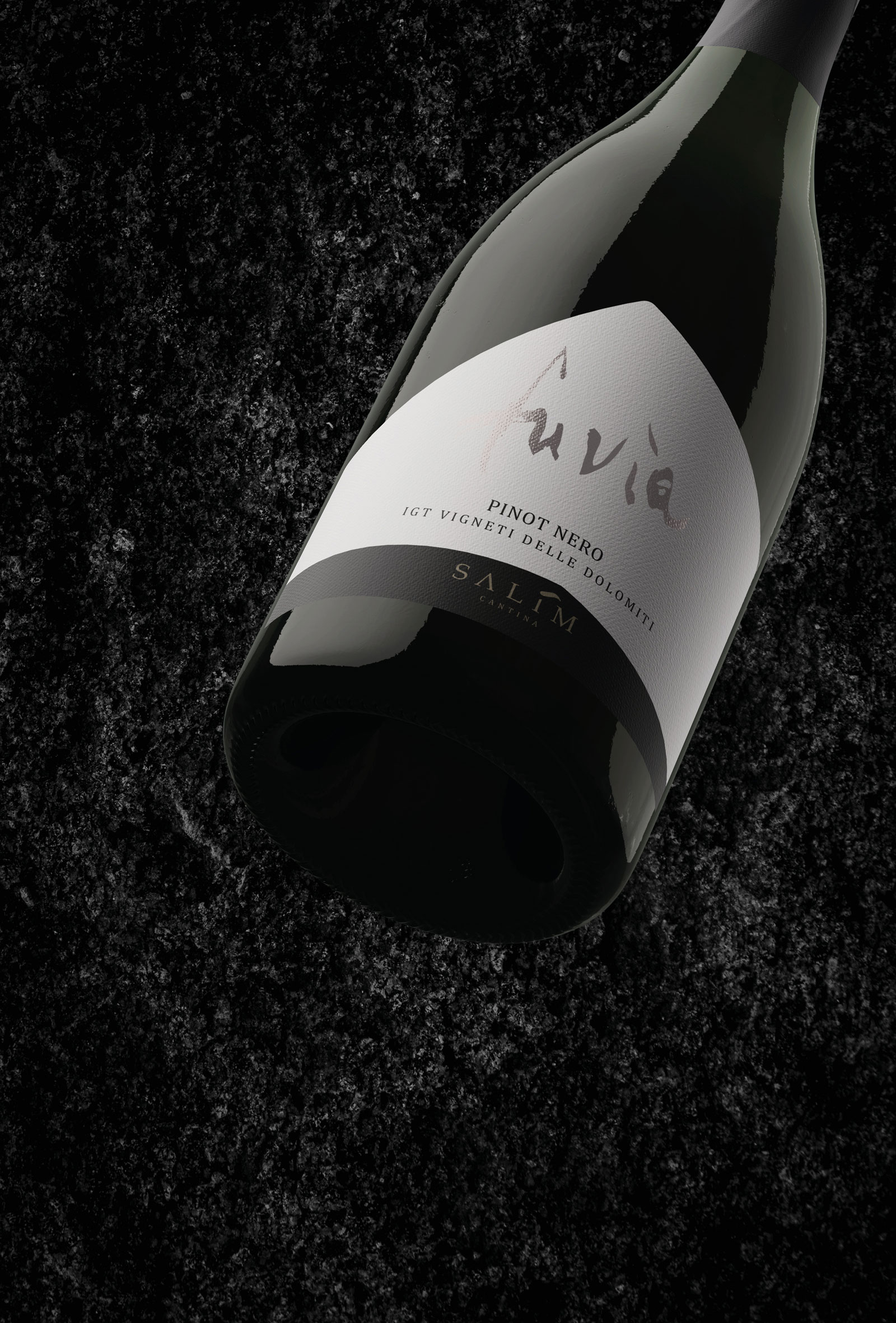 vista ravvicinata dettaglio etichetta vino rosso fuvia, progettata dallo studio grafico diade arco trento per cantina salim
