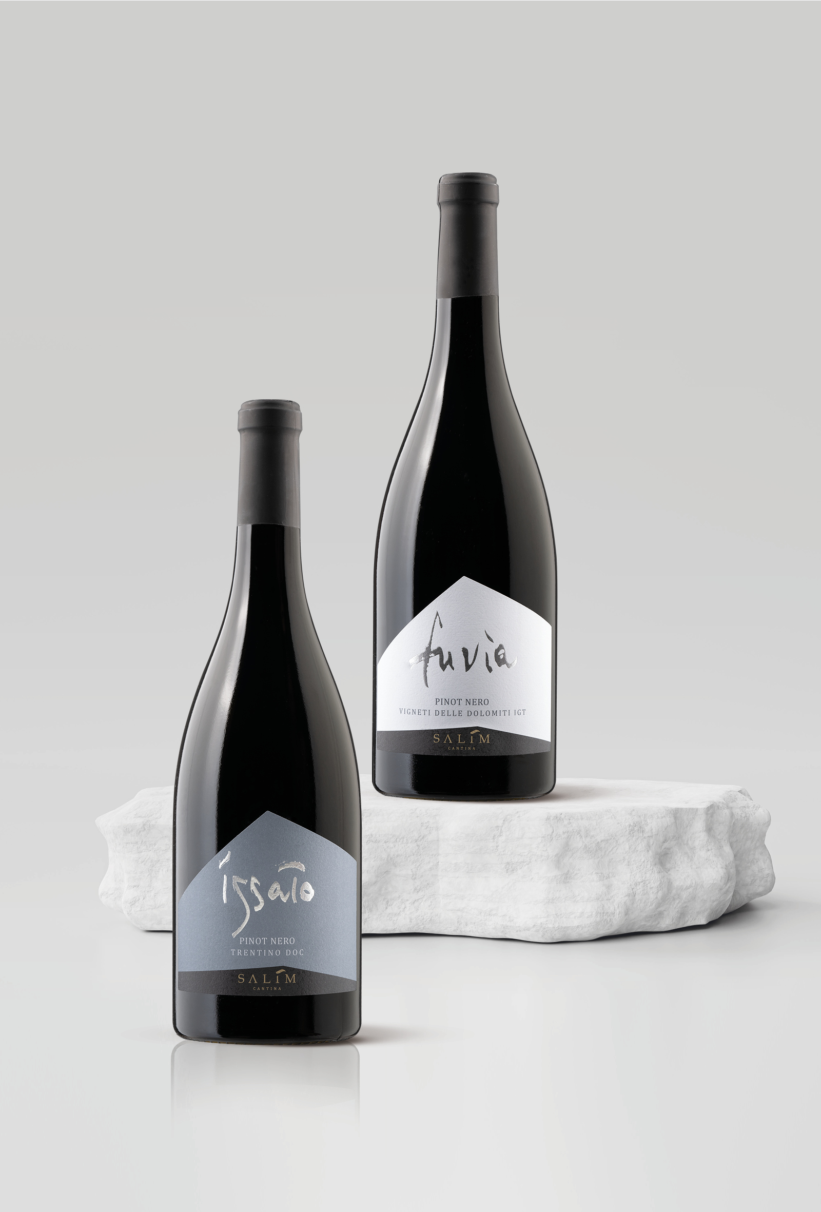 vista frontale delle etichette per due bottiglie di vino rosso progettate per cantina salim