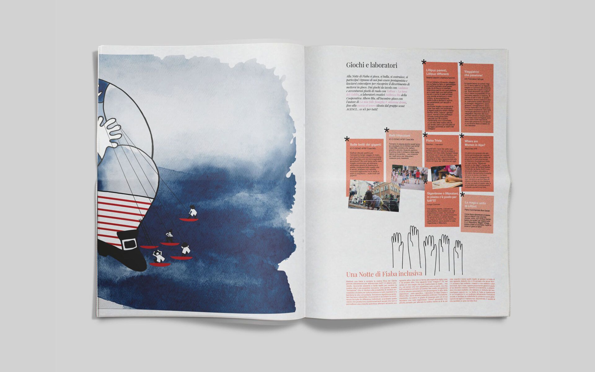 corriere della notte di fiaba, progetto delle pagine interne magazine, illustrazioni e design diadestudio arco trento rovereto
